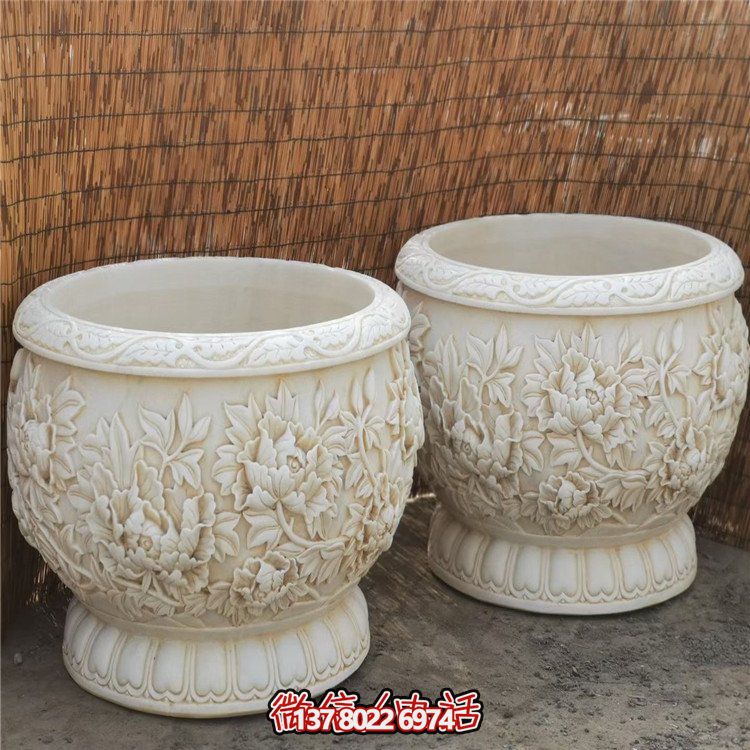 漢白玉浮雕荷花養(yǎng)魚(yú)缸，精美庭院裝飾戶外中式花盆