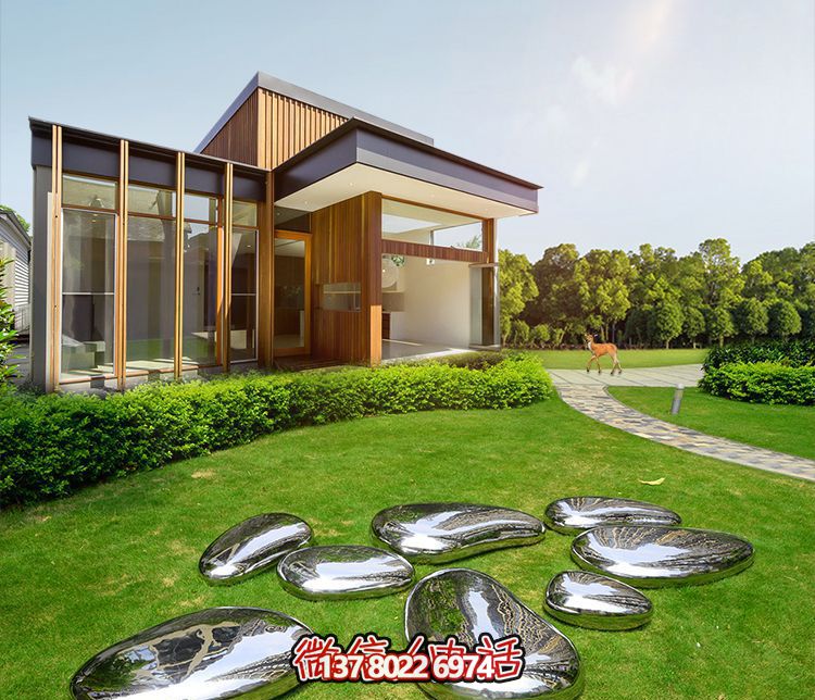 高端室內(nèi)草坪裝飾，不銹鋼雕塑鏡面石頭安放
