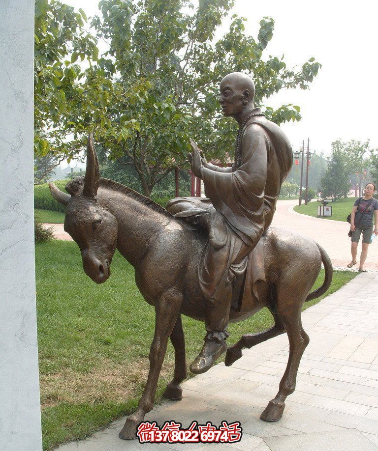 銅雕塑和尚著毛驢騎，精美雕塑，祥和園林