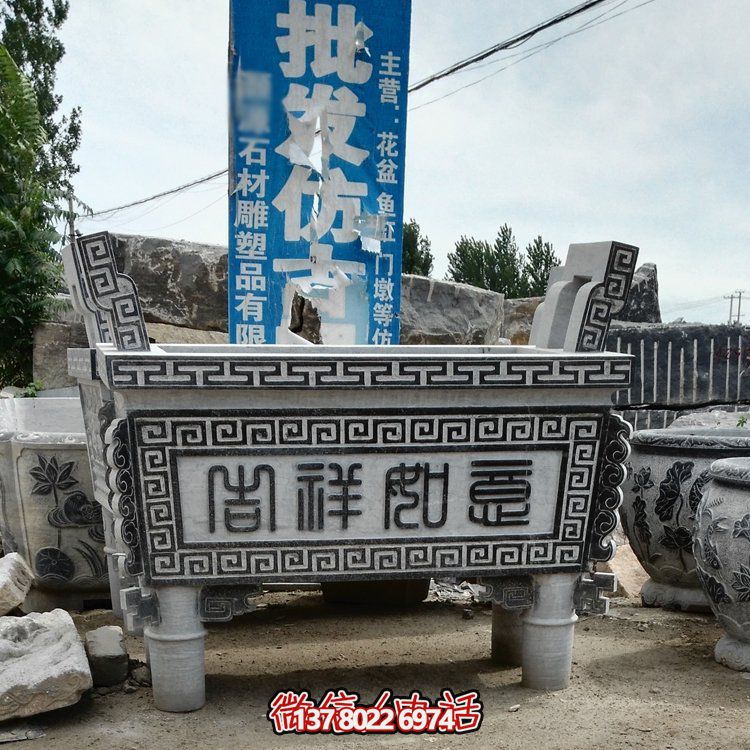 大理石石雕香爐擺件，古樸寺廟風(fēng)情景觀