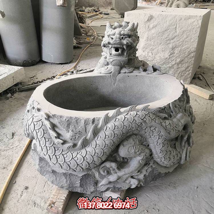 仿古石缸水缸青石龍形浮雕雕塑，為您的庭院增添一抹古樸