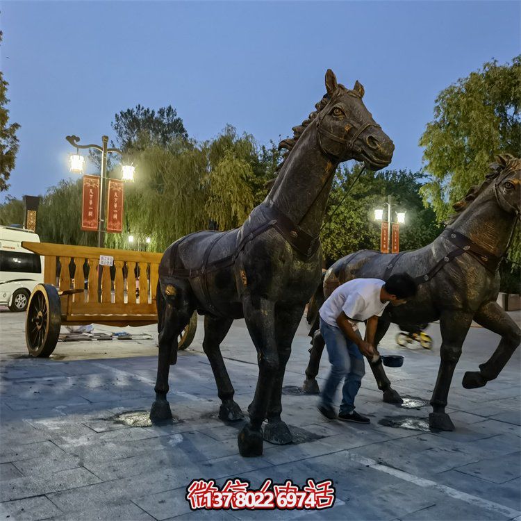 仿古銅中式馬拉車玻璃鋼景觀雕塑，非凡戶外擺放裝飾