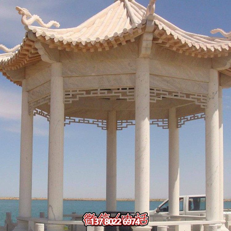 戶外景區(qū)大理石晚霞紅八角仿古石雕涼亭