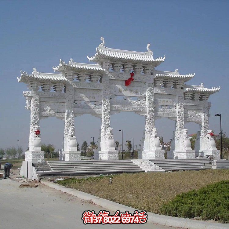 漢白玉優(yōu)質天然石材浮雕龍紋五門牌坊石雕
