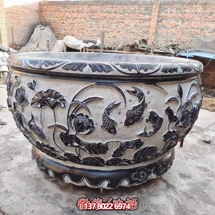 大理石浮雕荷花養(yǎng)魚缸中式庭院別墅景觀擺件