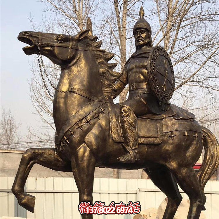 西方古代的騎馬士兵銅雕，手持盾牌騎馬身上的西方戰(zhàn)士