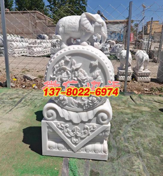 漢白玉象馱富貴牡丹石雕門墩景觀雕塑
